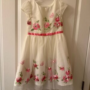 Girls Floral Embroidered Ivory Party Dress with Pink Accents
